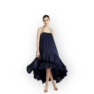 Cinq à Sept Soliel Metallic Ruffle High Low Dress Navy Blue Size 4